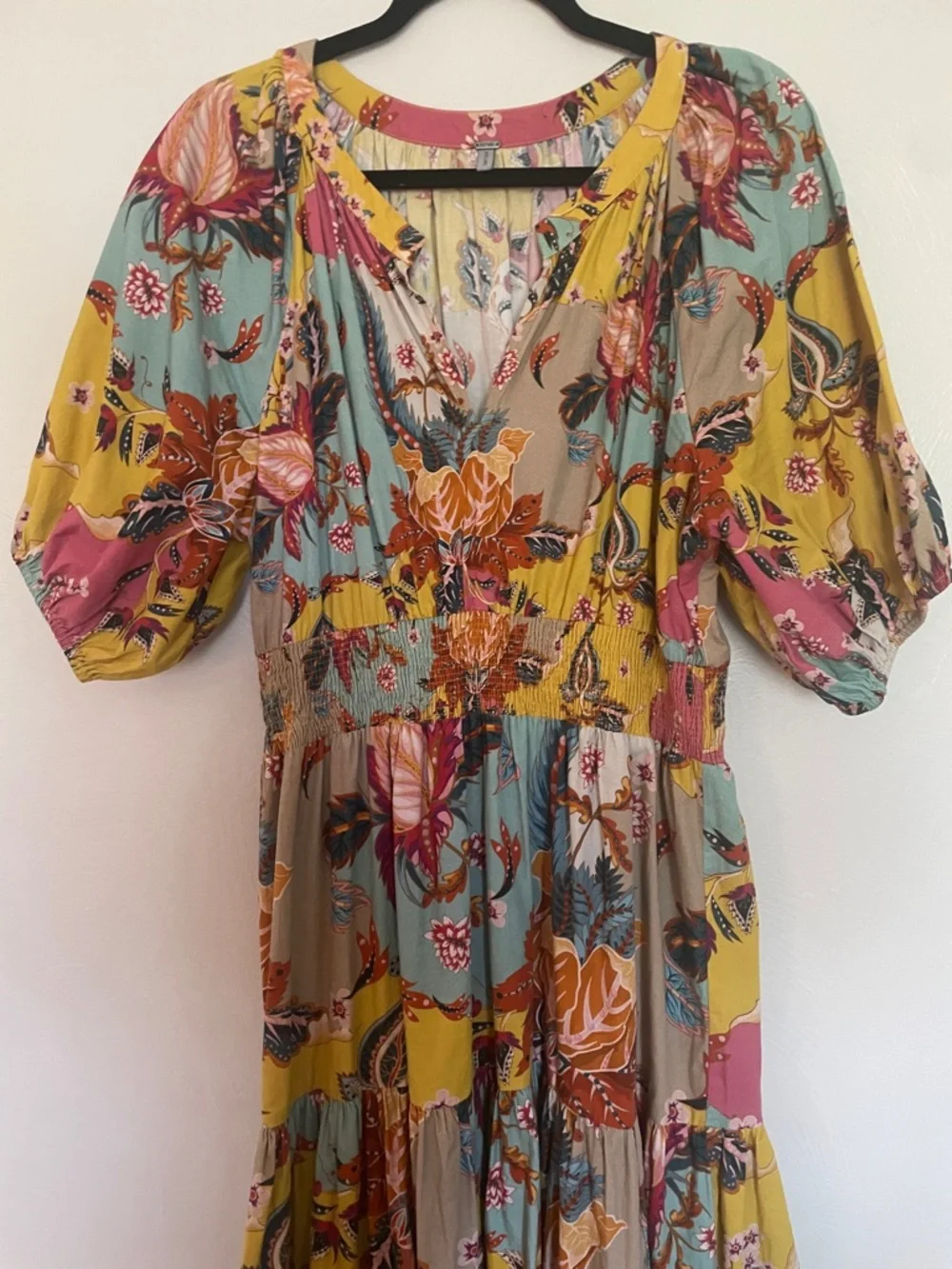 Boho Patchwork Floral Maxi Dress in Yellow, Teal & Pink - Picture 3 of 5
